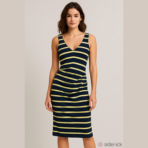 ARTELIER Nicole Miller navy yellow striped cinched bodycon dress M